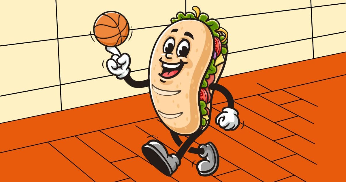 Sandwich character spinning a basketball