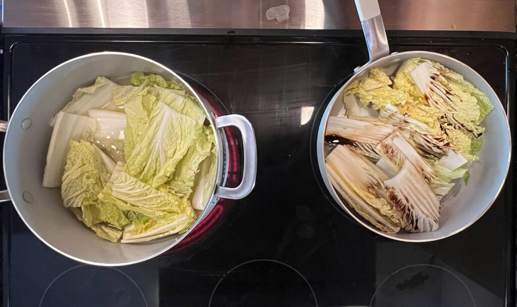 Pan 1 (The Sauté): Heat some oil, add the first half of the cabbage, and a splash of soy sauce. Sauté until the cabbage is nicely cooked down.

Pan 2 (The Stewing Pot): In a large, deep pot or pan, heat a little oil and add the second half of the raw cabbage to create a bed. Pour in your bowl of chicken broth.